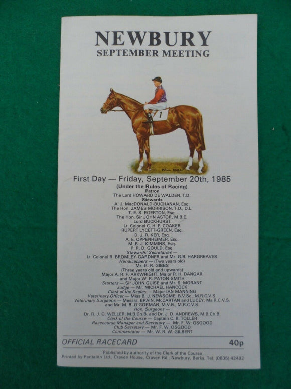 X - Horse racing - Race Card - Newbury - 20 September 1985
