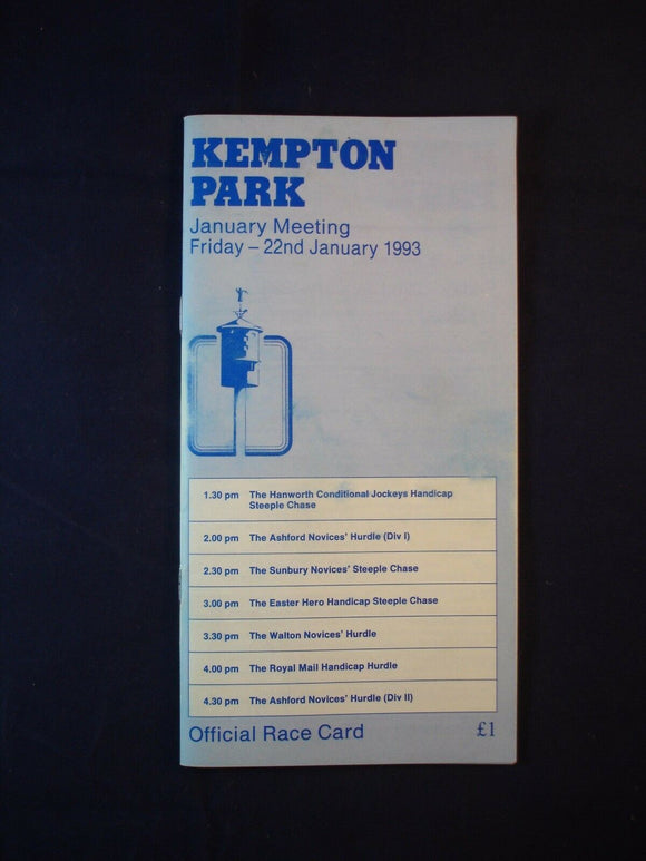 Horse racing - Race Card - Kempton  - January 22nd 1993 -