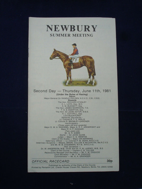 X - Horse racing - Race Card - Newbury - June 11 1981