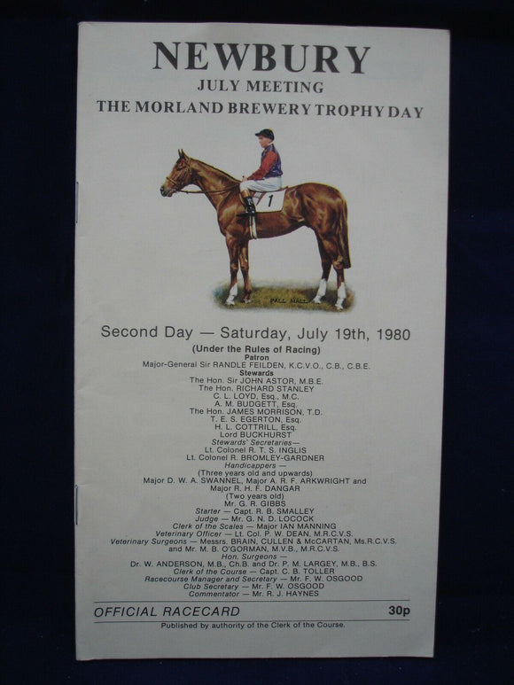 Horse racing - Race Card - Newbury - July 19th 1980 -