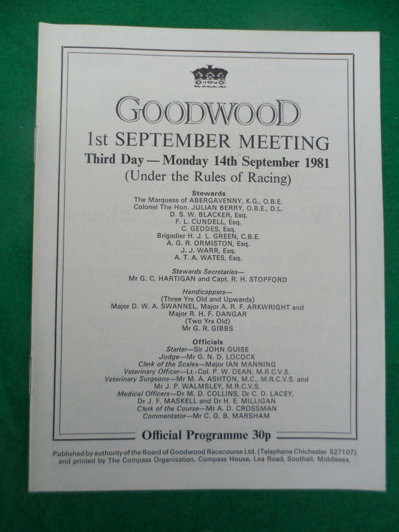 X - Horse racing - Race Card - Goodwood - 14 September 1981 -