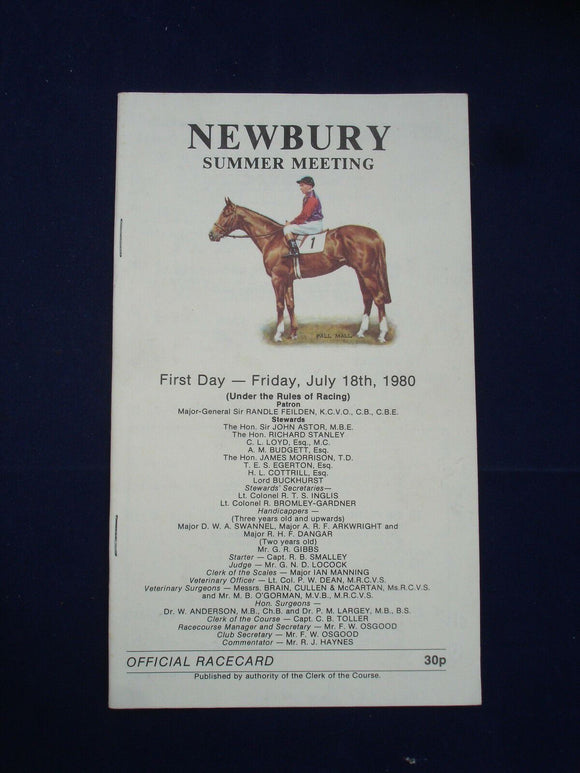 X - Horse racing - Race Card - Newbury - July 18 1980