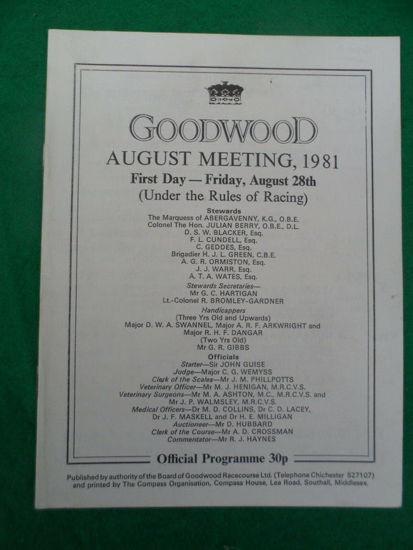 X - Horse racing - Race Card - Goodwood - 28 August 1981