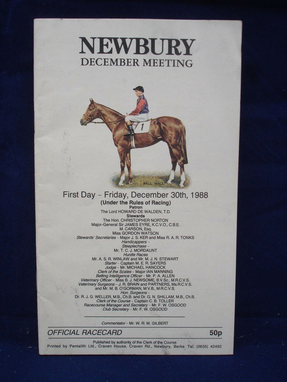 Horse racing - Race Card - Newbury - December 30th 1988 -