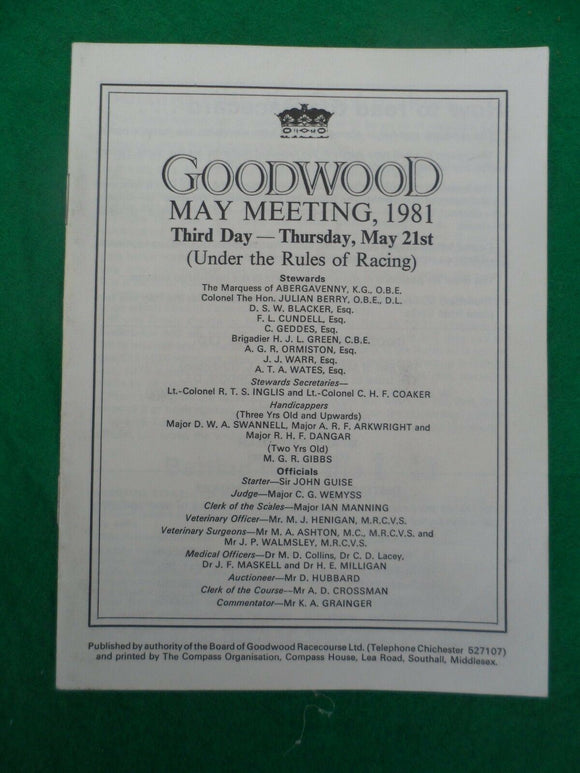 X - Horse racing - Race Card - Goodwood - 21 May 1981