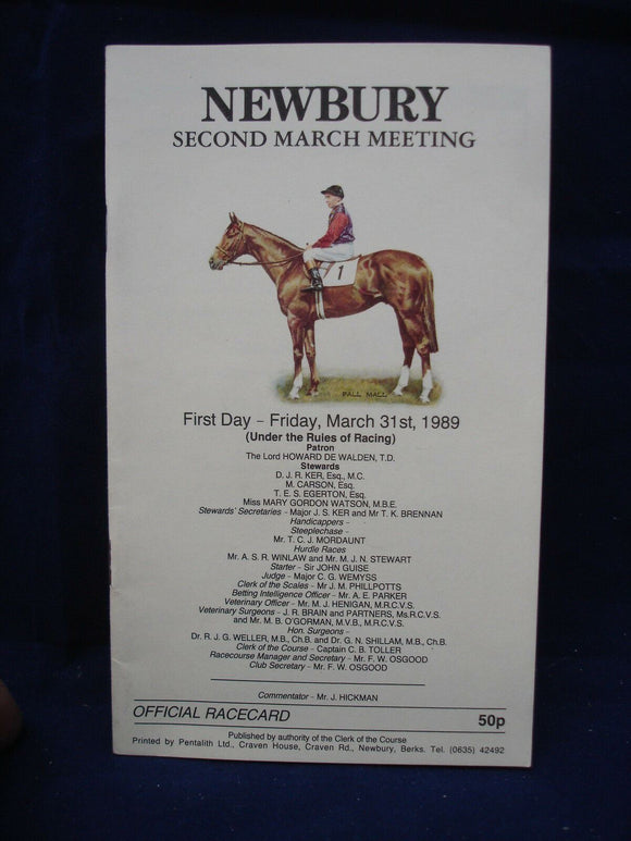 Horse racing - Race Card - Newbury - March 31st 1989