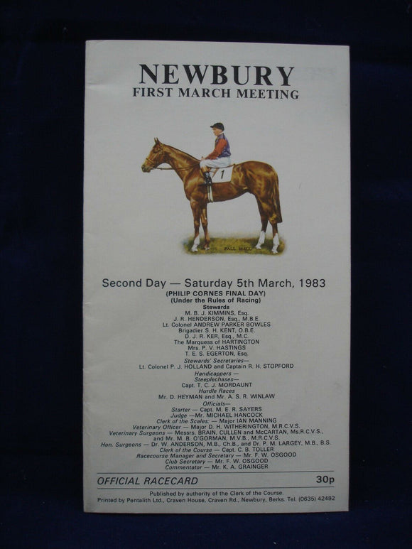 Horse racing - Race Card - Newbury - 5th March 1983