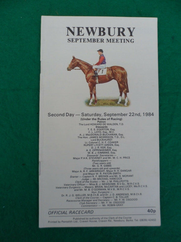 X - Horse racing - Race Card - Newbury - 22 September 1984