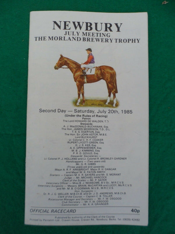 X - Horse racing - Race Card - Newbury - 20 July 1985 - Morland