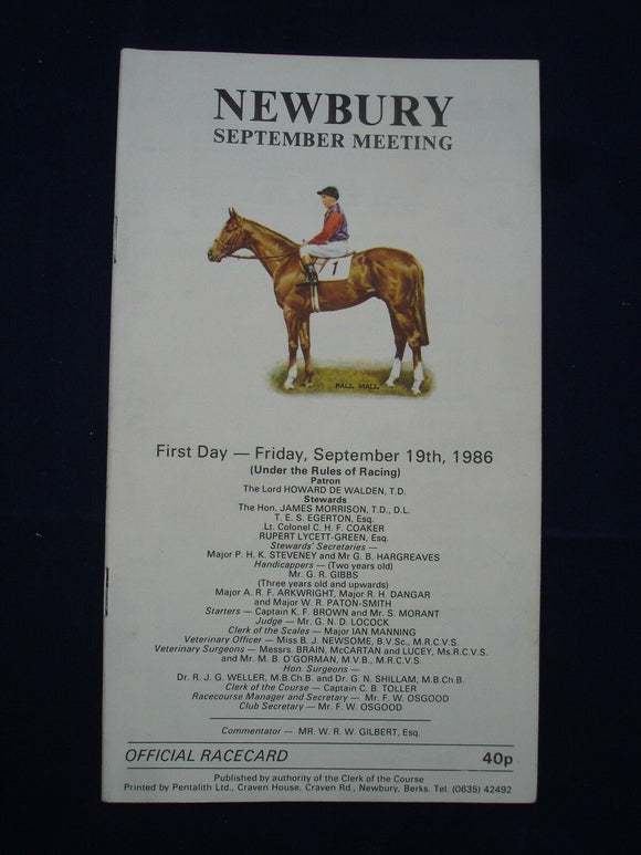 X - Horse racing - Race Card -  Newbury - 19 September 1986