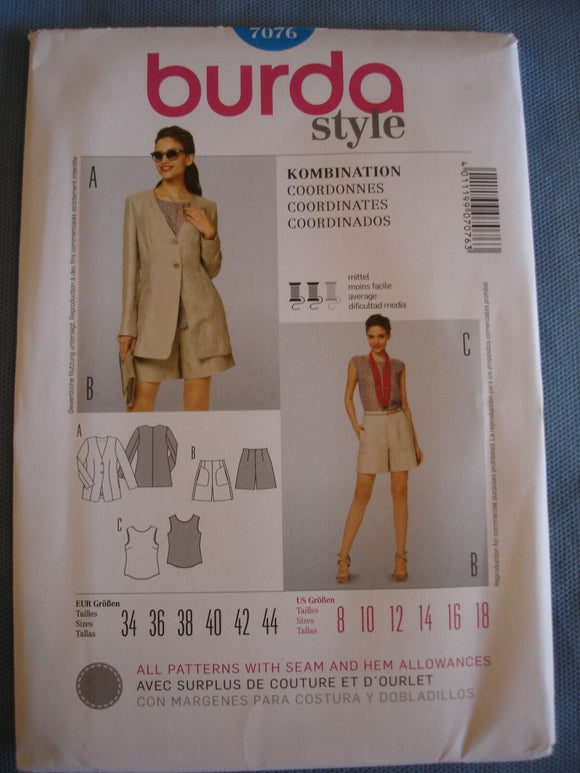 Burda Style 7076 sewing pattern Blouse, jacket and shorts sizes european 34-44