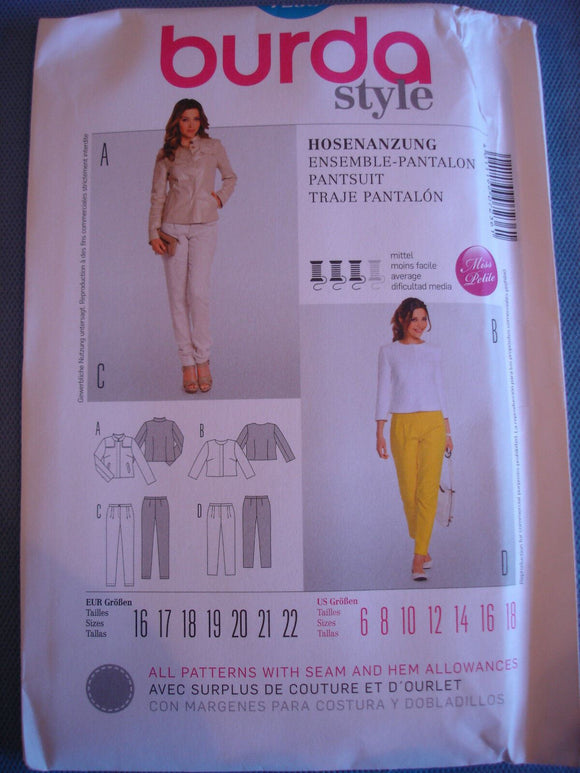 Burda Style 7236 sewing pattern trouser suit sizes european 16 - 22 (Miss Petite