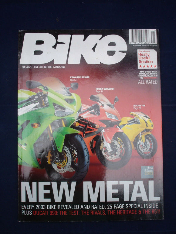 Bike Magazine - Nov 2002  - 2003 New bikes- Ducati 999 test, rival, heritage 851