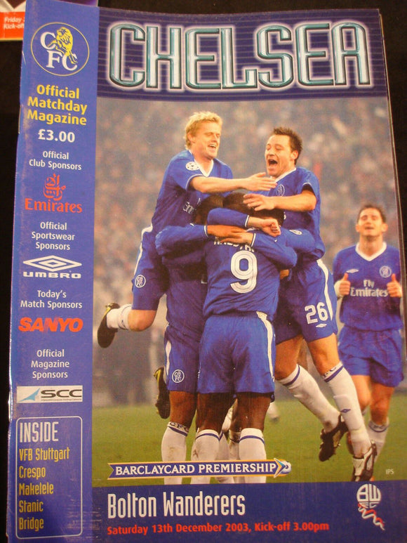 Football Programme Chelsea v Bolton Wanderers Dec 2003