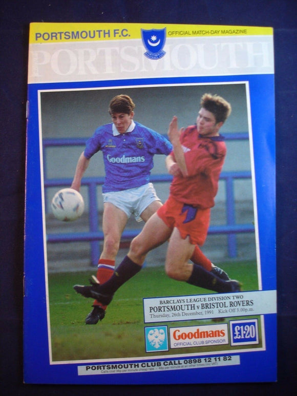 * Football Programme Portsmouth Pompey PFC v  Bristol Rovers - 26 December 1991
