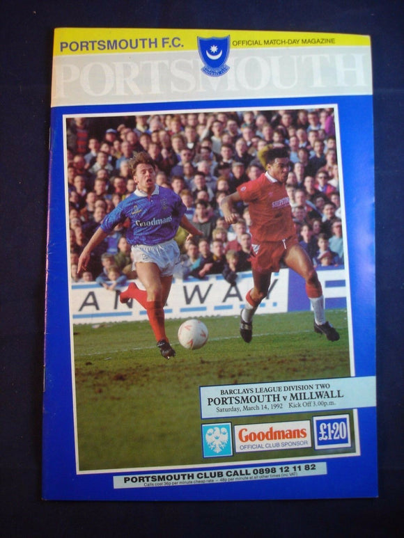 * Football Programme Portsmouth Pompey PFC v  Millwall - 14 March 1992