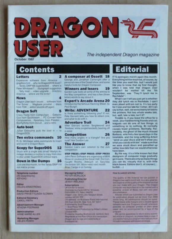 Vintage - Dragon User Magazine - October 1987 -  contents shown in photographs