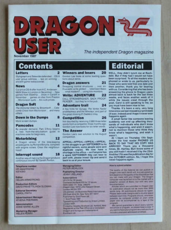 Vintage - Dragon User Magazine - November 1987 -  contents shown in photographs