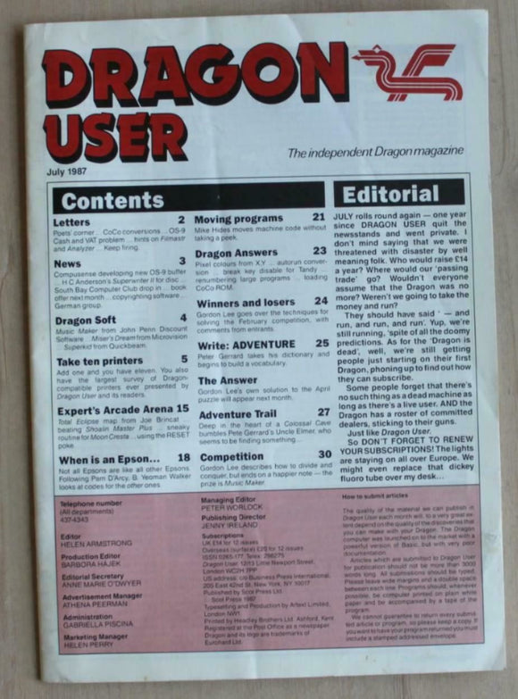 Vintage - Dragon User Magazine - July 1987 -  contents shown in photographs