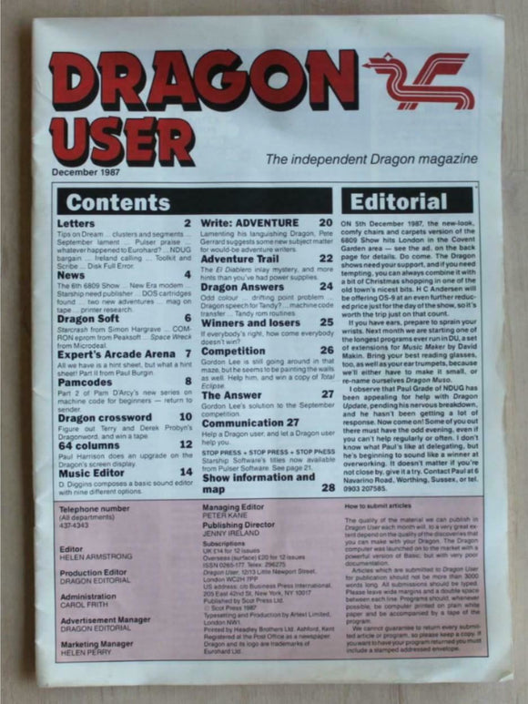 Vintage - Dragon User Magazine - December 1987 -  contents shown in photographs