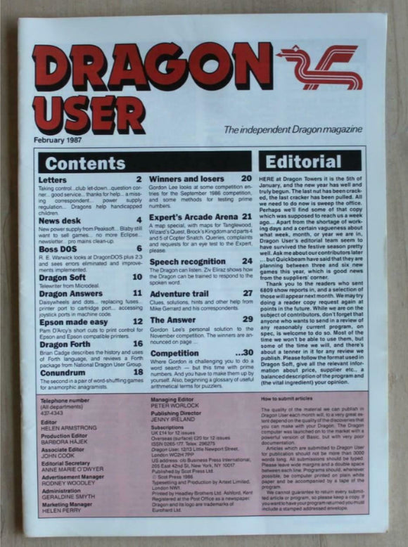 Vintage - Dragon User Magazine - February 1987 -  contents shown in photographs