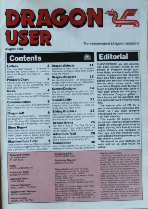 Vintage - Dragon User Magazine - August 1986 -  contents shown in photographs
