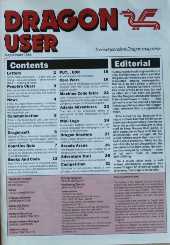 Vintage - Dragon User Magazine - September 1986 -  contents shown in photographs