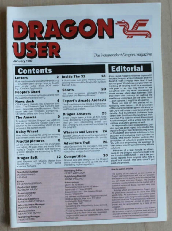 Vintage - Dragon User Magazine - January 1987 -  contents shown in photographs