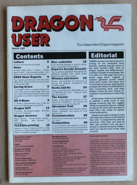 Vintage - Dragon User Magazine - March 1987 -  contents shown in photographs
