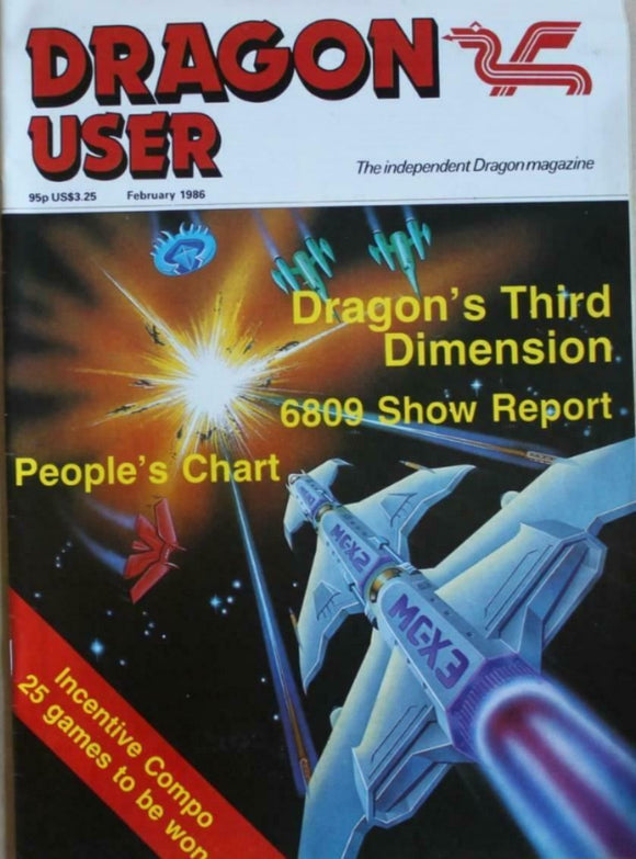 Vintage - Dragon User Magazine - February 1986 -  contents shown in photographs
