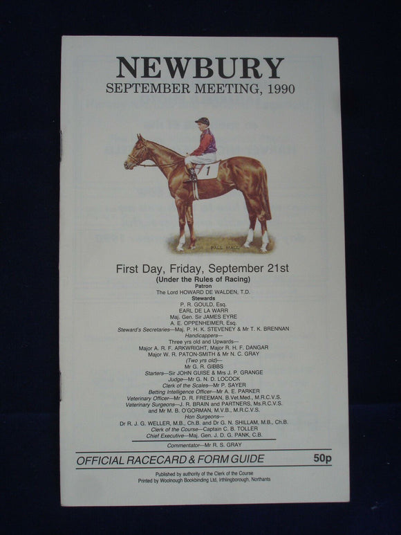 X - Horse racing - Race Card - Newbury - 21 September 1990