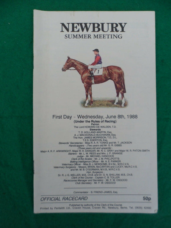 X - Horse racing - Race Card - Newbury - 8 June 1988 -