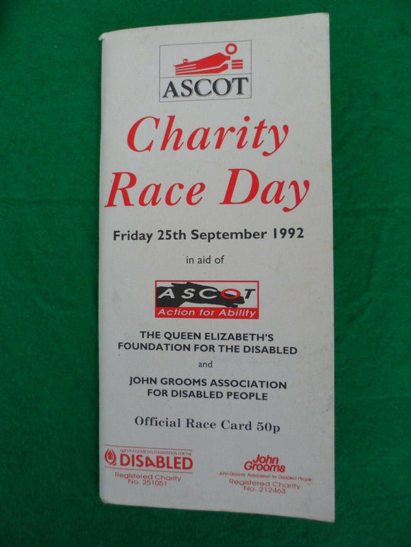 X - Horse racing - Race Card - Ascot - 25 September 1992 - Charity race day