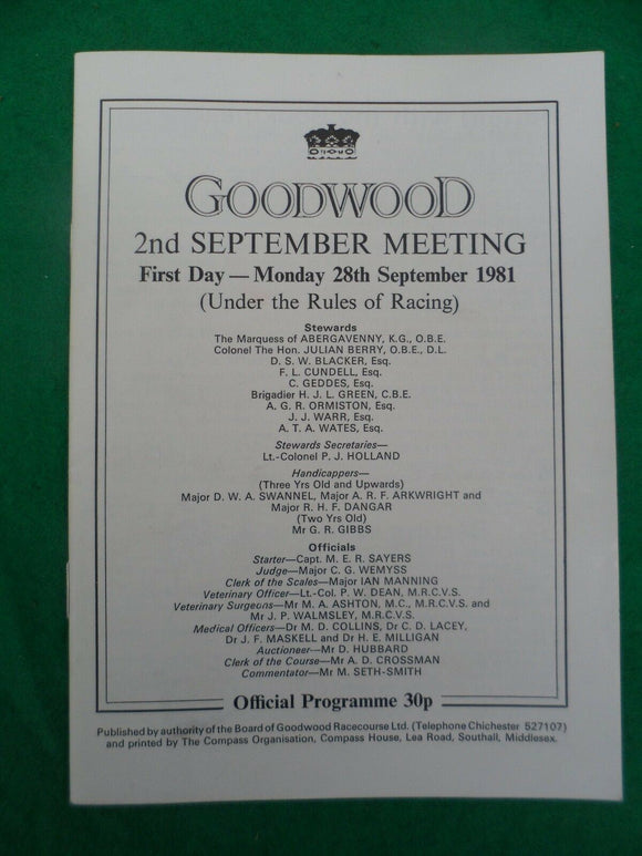 X - Horse racing - Race Card - Goodwood - 28 September 1981 -