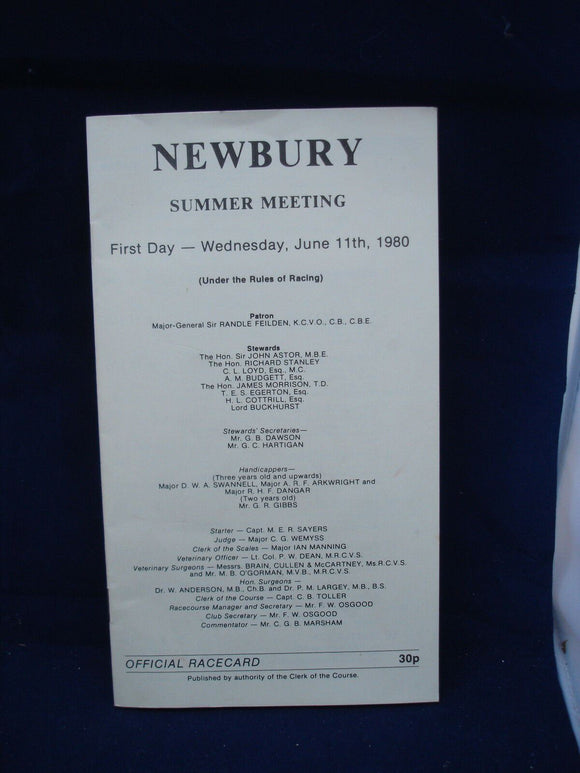 Horse racing - Race Card - Newbury - June 11th 1980