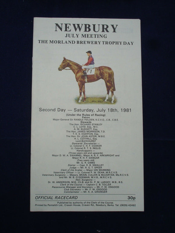 X - Horse racing - Race Card - Newbury - July 18 1981 - Morland Brewery