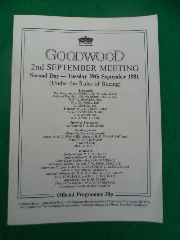X - Horse racing - Race Card - Goodwood - 29 September 1981 -