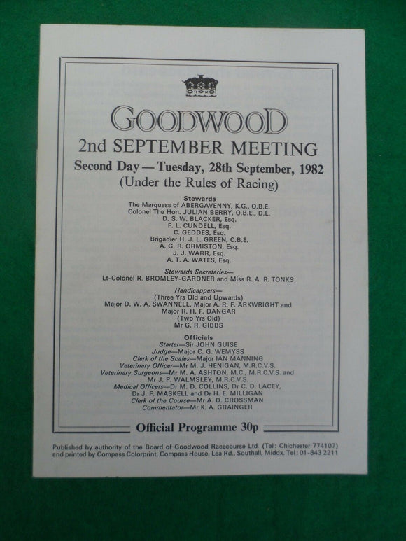 X - Horse racing - Race Card - Goodwood - 28 September 1982 -