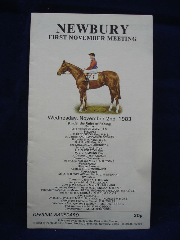 Horse racing - Race Card - Newbury - November 2nd 1983