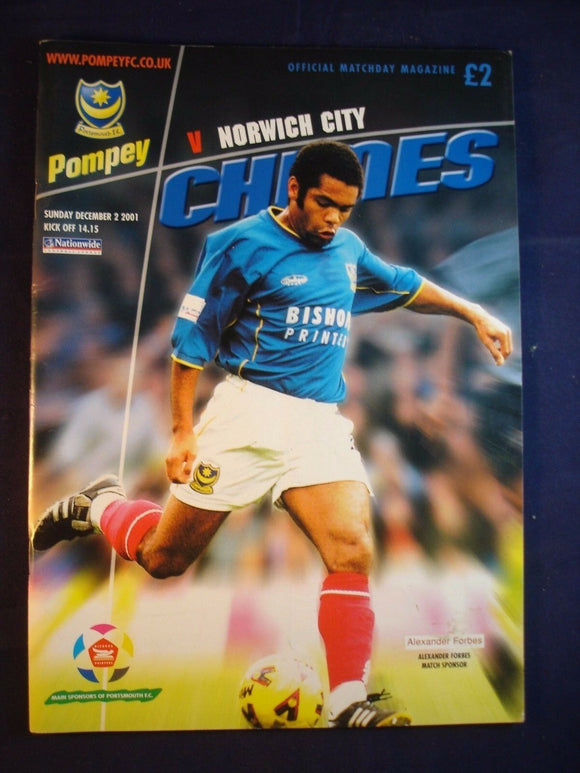 * Football Programme Portsmouth Pompey PFC v  Norwich - 2 December 2001