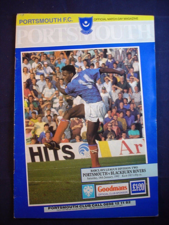 * Football Programme Portsmouth Pompey PFC v  Blackburn Rovers - 18 January 1992
