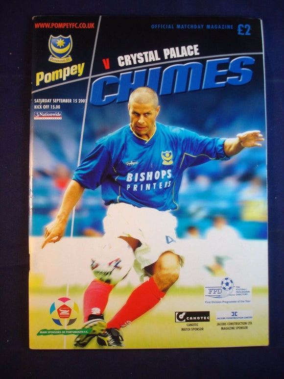 * Football Programme Portsmouth Pompey PFC v  Crystal Palace - 15 September 2001
