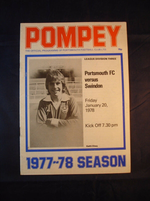 Football Programme Portsmouth Pompey PFC v Swindon 20th January 1978