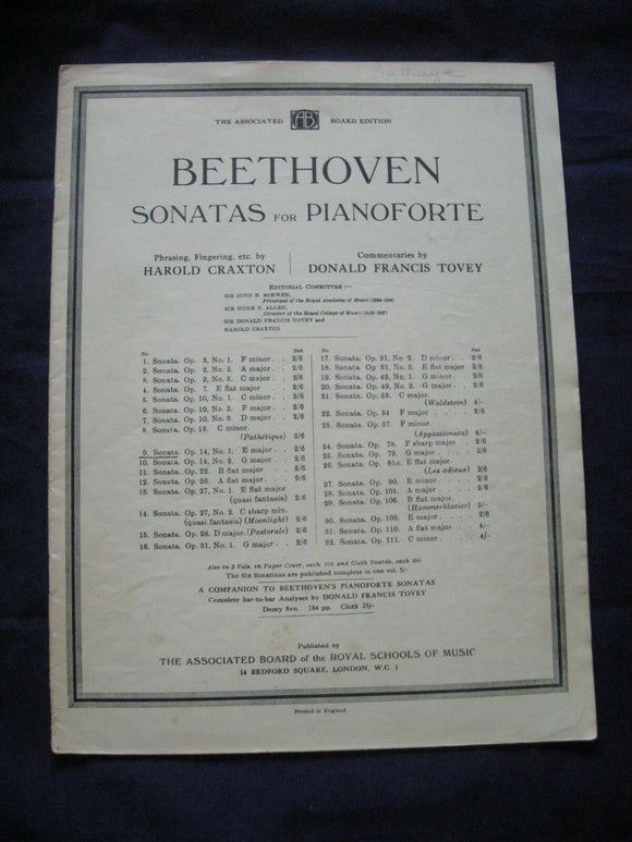Beethoven sonatas for pianoforte - Craxton - Vintage Sheet Music -