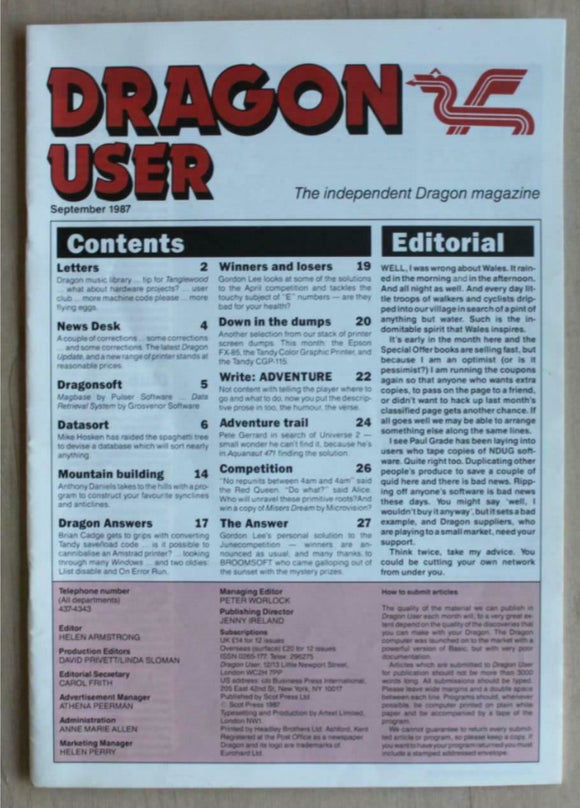 Vintage - Dragon User Magazine - September 1987 -  contents shown in photographs