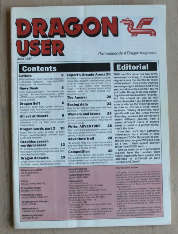 Vintage - Dragon User Magazine - June 1987 -  contents shown in photographs