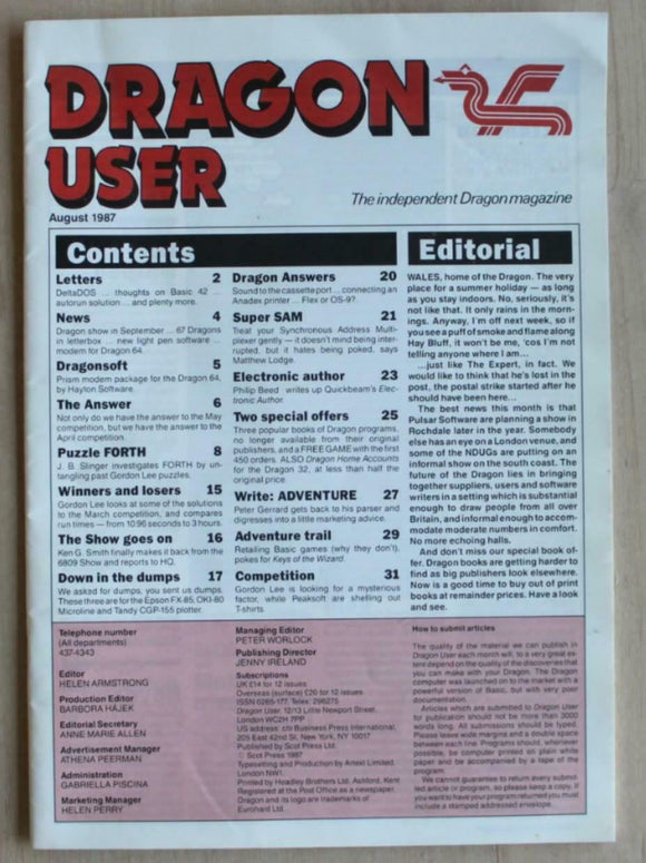 Vintage - Dragon User Magazine - August 1987 -  contents shown in photographs
