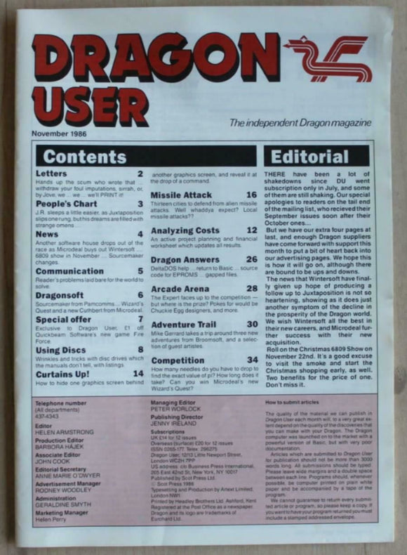 Vintage - Dragon User Magazine - November 1986 -  contents shown in photographs
