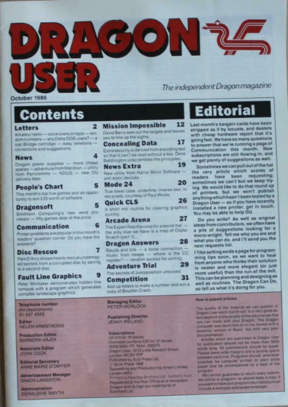 Vintage - Dragon User Magazine - October 1986 -  contents shown in photographs