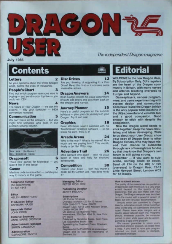 Vintage - Dragon User Magazine - July 1986 -  contents shown in photographs
